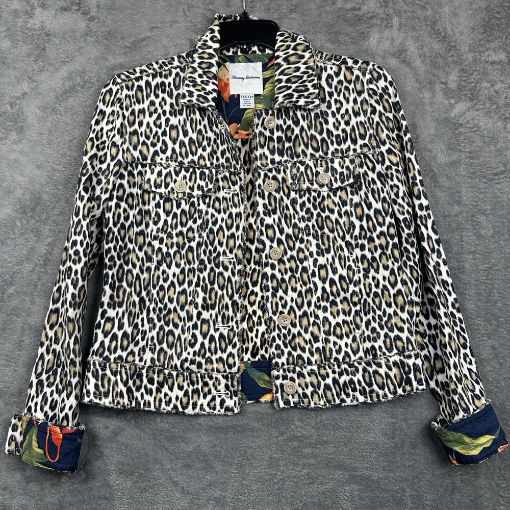 Tommy Bahama Jacket Women's XXS Leopard Print 100% Linen Raw Edge Flip Cuff New